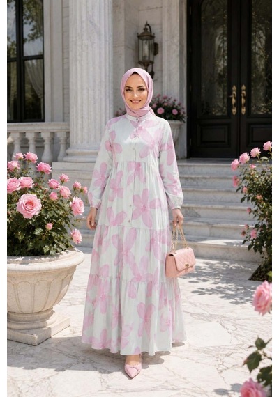 Hb Harma Time Butik Kadın Düğmeli Modal Desenl Pembe Elbise Ekru Ekru