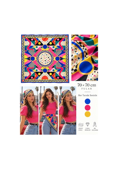 Tarzını Seç Tarzınıseç Seksenler Retro Dama Ve Geometrik Desenli Fular 70 X 70 Cm