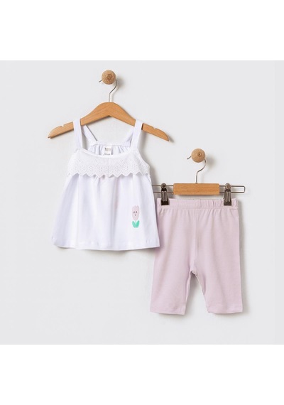 Kıpırık Baby Kız Bebek Çocuk Beyaz Dantel Asesuarlı Tişört Taytlı Takım-1154 Beyaz