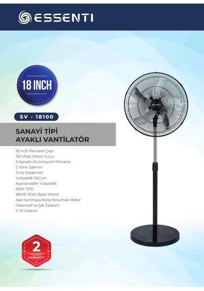 Essenti Ev-18100 Sanayi Tipi Ayaklı Vantilatör