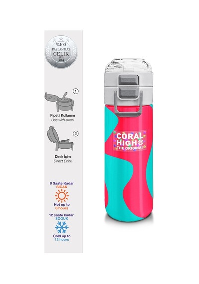 Coral High 500 Ml Kız Çocuk Pipetli Termos/matara - Neon Mercan Turuncu Desenli - Çift Kullanım Özelliği Çok Renkli