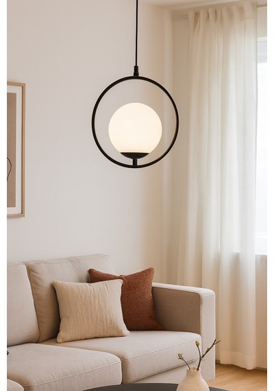 Rodi Modern Tasarım Antre Hol Mutfak Salon Siyah Renk Sarkıt Minimal Sarkıt Beyaz Camlı Tekli Avize Siyah Bal3