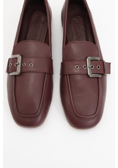 Luvishoes Luvi Shoes Clarıon Bordo Cilt Hakiki Deri Kemerli Küt Burun Kadın Loafer Ayakkabı Bordo