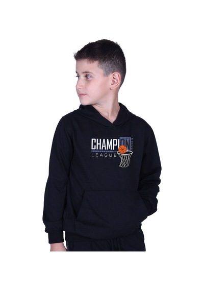 Fyk Kids Kapüşonlu Kanguru Cepli Champıon Baskılı Erkek Çocuk Sweatshirt Siyah