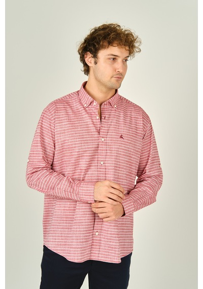 Figs Erkek Slim Fit Çizgili Uzun Kollu %100 Pamuk Gömlek 0015 Kırmızı Kırmızı