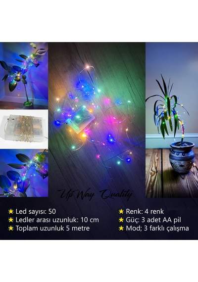 Upway 5 Metre Su Geçirmez 4 Renkli 50 Led Işık - Pilli Dekoratif Aydınlatma