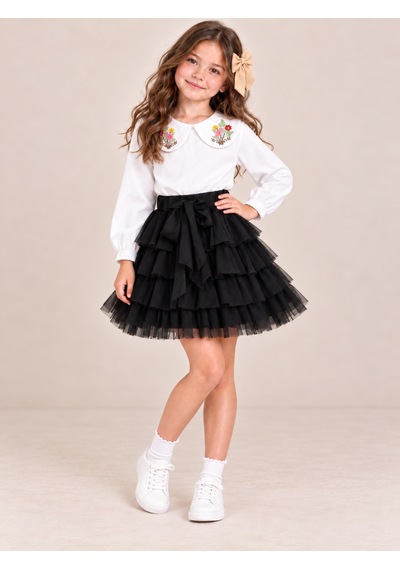 Kokoş Bebe Çiçek Yakalı Bluz Tüllü Etek Tokalı Kız Çocuk Takım - 5/12 Yaş - 31929 Siyah