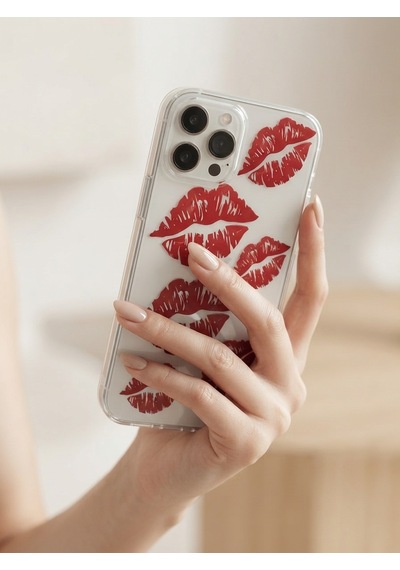 Hepsi Apple İphone Uyumlu 13 Pro Max Kırmızı Dudak / Öpücük Desenli Şeffaf Telefon Kılıfı Najmaddin Çok Renkli