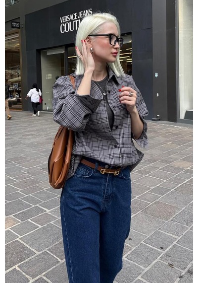 Madmext Gri Oversize Ekose Desenli Kadın Gömlek Mg2589 Gri