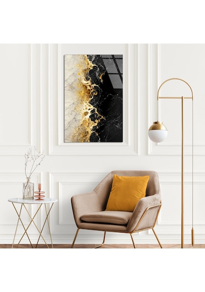 Siyah Altın Mermer Cam Tablo Yatay 90x140 Cm Deg1430
