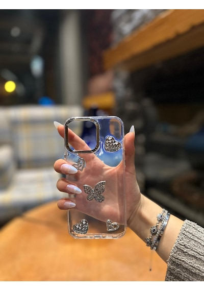 İphone 15 Pro Uyumlu Kalp Ve Kelebek Darbeye Karşı Dayanıklı Kılıf Plastıc Cover Gümüş