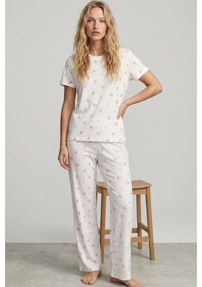 Siyah İnci İnce Soft Örme Mevsimlik Pijama Takımı 8003 Somon Çiçekli Kalp