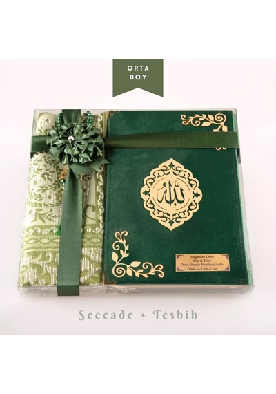 Seccade + Tesbih + Kuran Hediye Seti Orta Boy, Kadife, Zeytin Yeşili, Lafzatullah