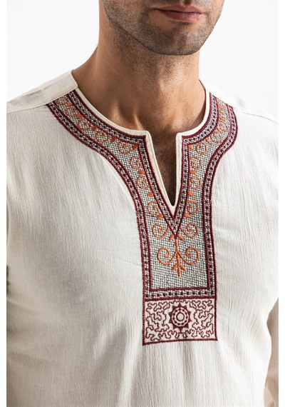 Uzun Kol Şile Bezi Bisiklet Yaka Etnik Erkek T-Shirt Krem Krm Krem