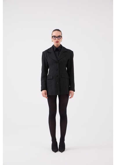 Holly Lolly Belden Oturmalı Çizgili Fit Kesim Karen Blazer Ceket Siyah