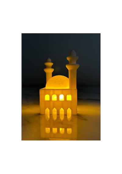 Ramazan Cami Figürlü Biblo İkili Set Işıklı Pilli Mumluk Ev Aksesuarı Beyaz