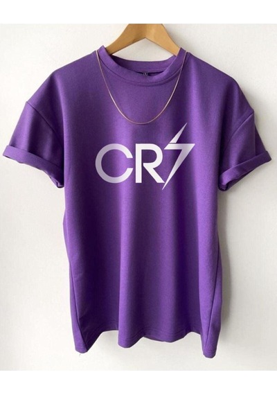 Flood Of Style Erkek Mor Cr7 Baskılı Oversize Bisiklet Yaka Kısa Kollu Pamuklu Tişört