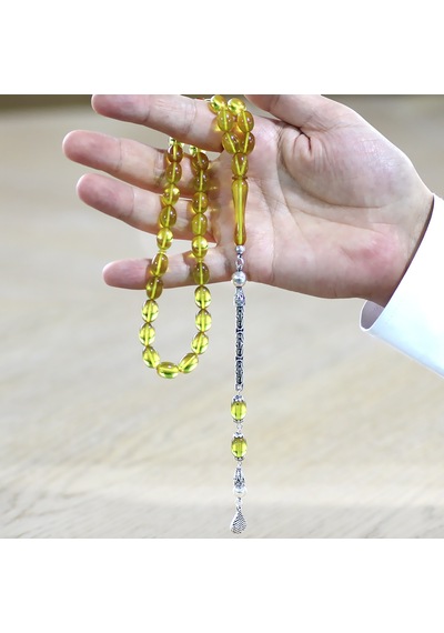 925 Ayar Gümüş Kral Zincir Püsküllü Sülün İmame Beyzi Kesim Sarı Katalin Tesbih Sarı