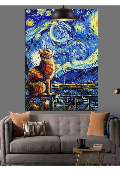 Van Gogh Temalı Manzara Ve Kedi Dekoratif Kanvas - Mdf Ahşap Tablo