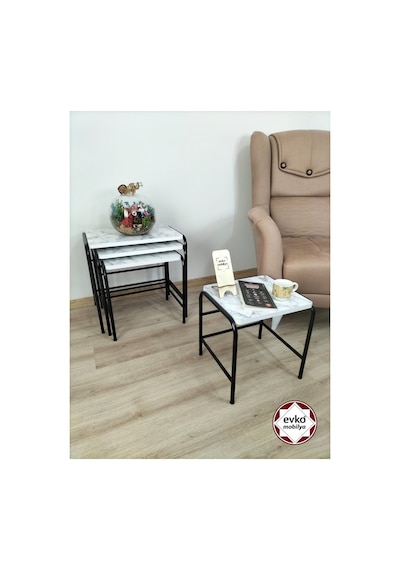 Evko Mobilya Buket Sehpa, 4'lü Zigon Sehpa, Servis Sehpası, Iç Içe Geçen Sehpa, Ahşap Sehpa, Dikdörtgen Sehpa Beyaz Mermer