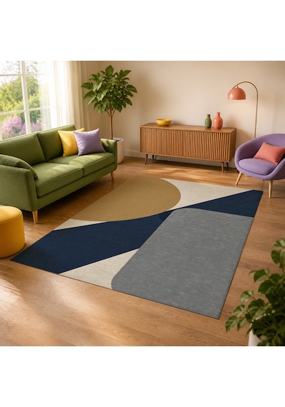 Kartela Halı Kesişim Geometrik Modern Halı Lacivert Kaymaz Taban Makinede Yıkanabilir 120x180 Cm