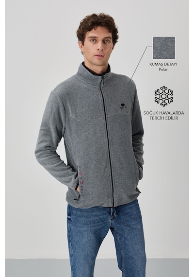 Tommy Life Gri Melanj Yazı Nakışlı Dik Yaka Fermuarlı Standart Kalıp Erkek Sweatshirt Polar - 87992 GRİ MELANJ