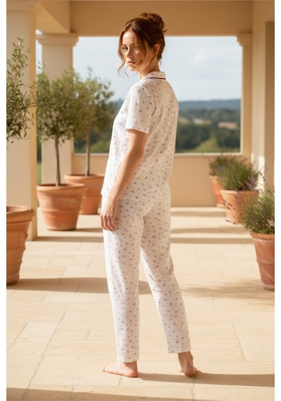 Siyah İnci Düğmeli Biyeli Viskon Örme Pijama Takım 26120762 Beyaz