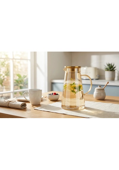 Premium Borosilikat Cam Gold Sürahi 1.9 L Isıya Dayanıklı Çay & Detoks Sürahisi