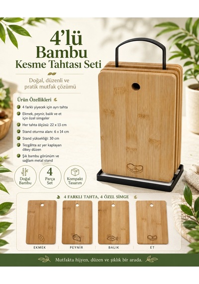 Bambu Kesim Panosu - Metal Standlı 4'lü Çok Renkli