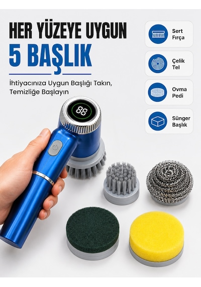 5'i 1 Arada Şarjlı Temizlik Fırçası İle Güçlü Ve Pratik Temizlik - Lisinya Mavi