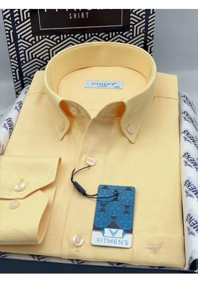 Klasik Uzun Kol Pamuklu Yaka Düğmeli Hediye Kutulu Kolay Ütülenebilir Erkek Gömlek Fs-003897 - Sarı-2946