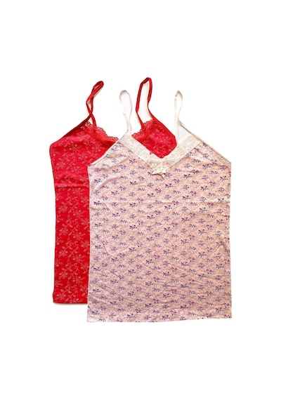 Feminight 2 Adet Kadın Askılı Desenli Atlet Dantelli Empirme Pamuklu Penye D9-10 Çok Renkli