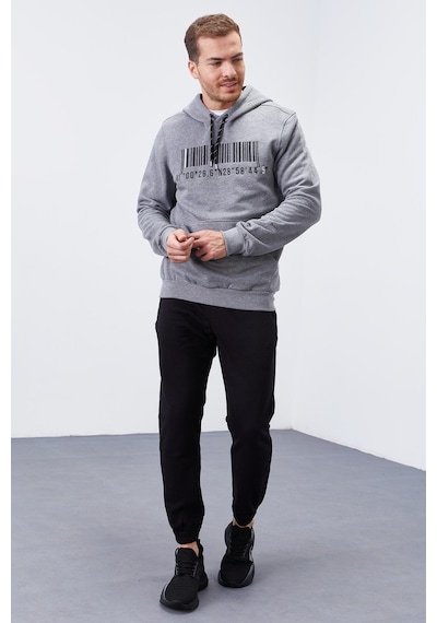 Tommy Life Gri Melanj Nakışlı Kanguru Cep Standart Kalıp Kapüşonlu Erkek Sweatshirt - 87839 GRİ MELANJ