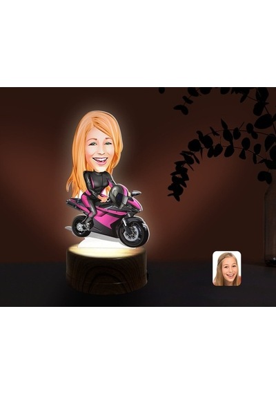 Kişiye Özel Kadın Motorcu Karikatürlü Dekoratif 3D Biblo Led Işık