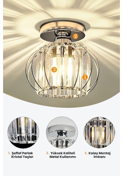 Bella Luce Model Krom Renk Kaplama Metal Kristal Taşlı Yatak Salon Oturma Odası Plafonyer Avize Ekru