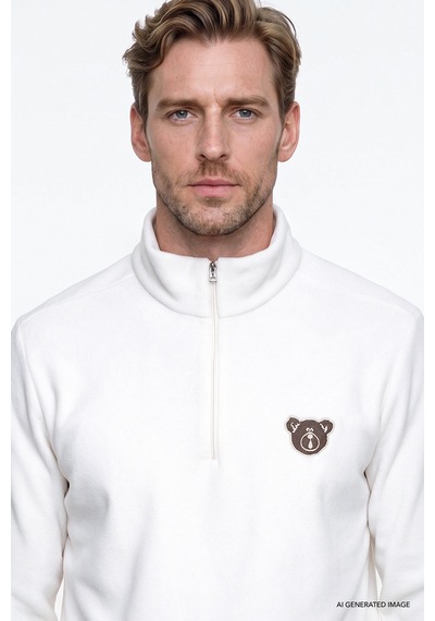 Ac&Co / Altınyıldız Classics Erkek Beyaz Anti-pilling Tüylenme Yapmayan Standart Fit Bato Yaka Soğuk Geçirmez Sweatshirt Polar