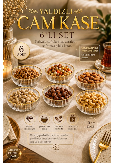 Porsima 13877-1 Vanes 6'lı Gold Yaldızlı Floren Cam Sunum Kasesi 10 Cm - Çerezlik & Reçellik Altın