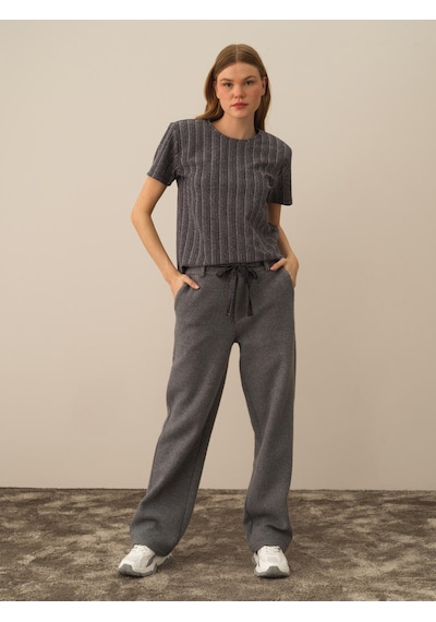Koyu Gri Pamuk Dokulu Oversize Pantolon 470412