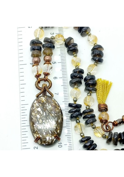 2849 Mica Biotite Sitrin Dumanlı Kuvars Pirit El Yapımı Düğümlü Kolye Çok renkli
