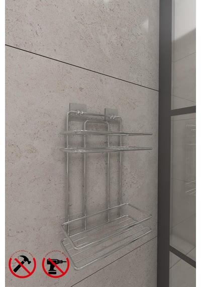 Alper Banyo Yapışkanlı Krom 2 Katlı Düz Banyo Rafı Banyo Şampuanlığı TŞ02.K Çok Renkli