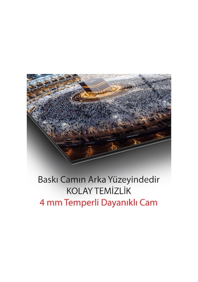 Kabe-i Şerif Ve Mekke Saat Kulesi Gece Görünümü Cam Tablo Dini Duvar Dekoru İslami Motifli Dekoratif Duvar Tablosu, Salon Ve İbadet Alanı Dekoru,