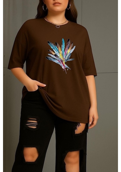 Benroma Büyük Beden Renkli Kuş Tüyü Baskılı Unisex Tişört Kahverengi2