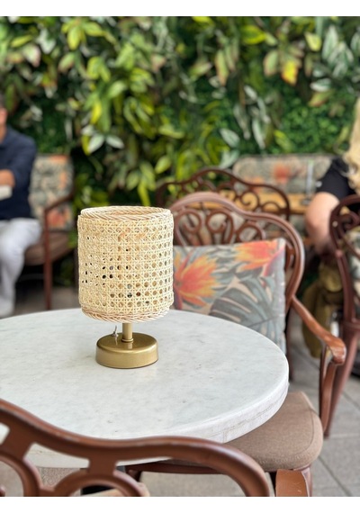 Hazeran & Rattan Masa Üstü Kablosuz Pilli Abajur Masa Lambası Eskitme Gold
