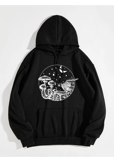 Mushroom Night Sweatshirt - Siyah Baskılı Oversize Kapüşonlu Siyah