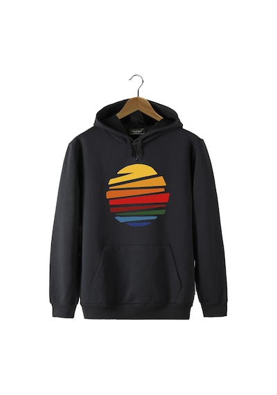Unisex Siyah Kapüşonlu Önü Güneş Baskılı Slim Fit Kanguru Cepli Sweatshirt Siyah