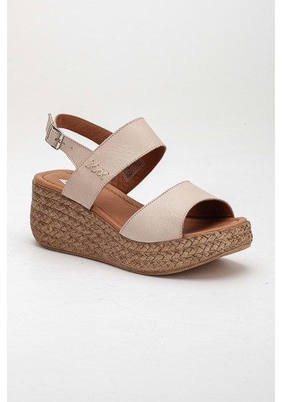 Analin Shoes Kadın Hakiki Deri Bantlı Dolgu Topuk Sandalet Bej