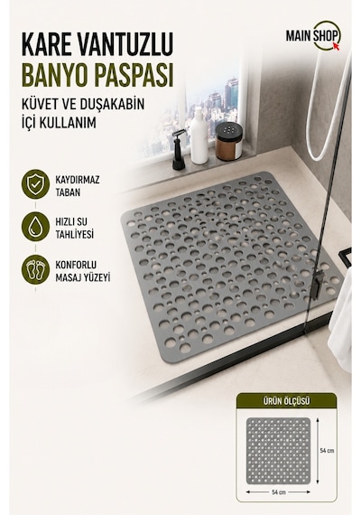 Mainshop Kaydırmaz Duşakabin Banyo Ve Duş Paspası Bubble Vantuzla Yapışır 54 X 54 Cm M-149 Gri