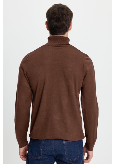 Tudors Erkek Slim Fit Dar Kesim Yumuşak Dokulu Tüylenmeyen Kahverengi Tam Balıkçı Yaka Triko Kazak-33110 Kahverengi