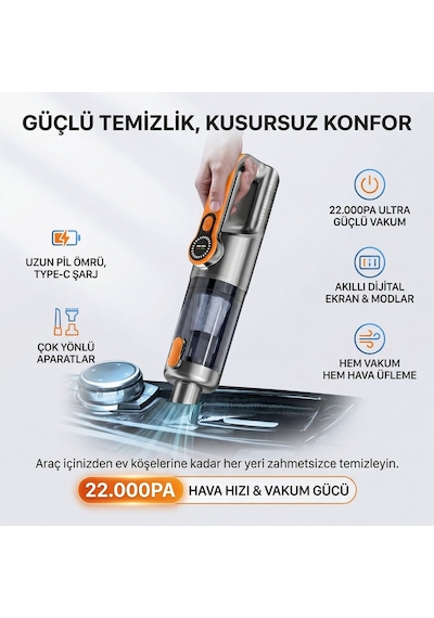 2in1 Kablosuz Işıklı Yüksek Araç Süpürgesi 22.000pa Çekim Gücü Vakum Ve Üfleme