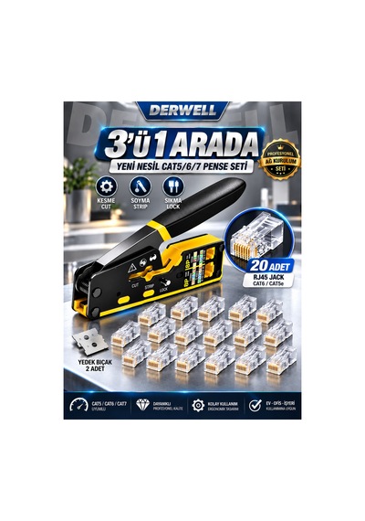 3in1 Rj45 Cat6 Konnektör Seti 20 Adet Paket - Altın Kaplama Network Ezme Jakı - İnternet Ve Ethernet Utp Kablo Başlığı - Yüksek Hızlı Veri İletimi Uyumlu - Profesyonel Ağ Kurulumu Modeli Jak Seti